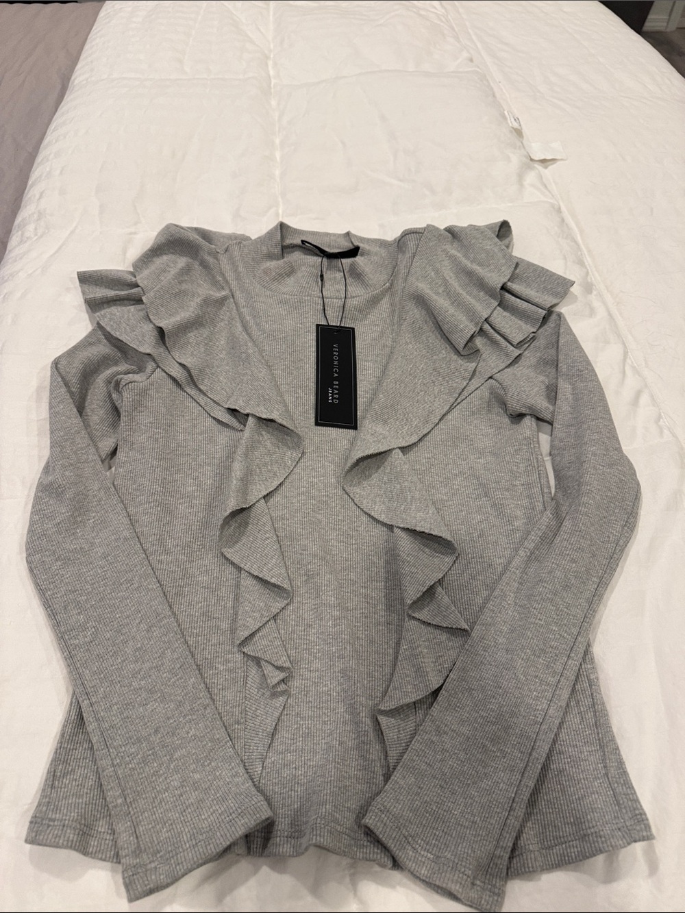 Veronica Beard Light Gray Ruffle-Trim Long Sleeve Knit Top